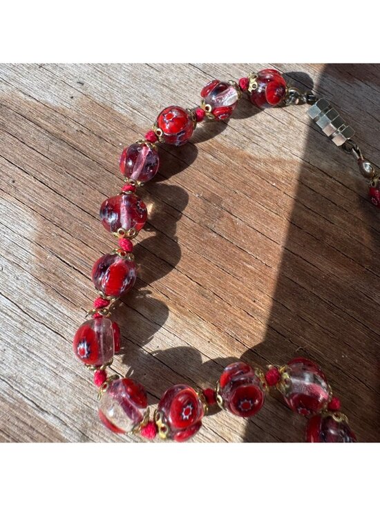 Vintage Venetian Millefiori Red Art Glass Bead Necklace 18” 10mm Barrel Clasp - Picture 5 of 6